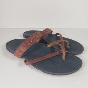 Chaco Deja Sandals Womens 12 Brown Leather Flip Flops Toe Loop Cognac